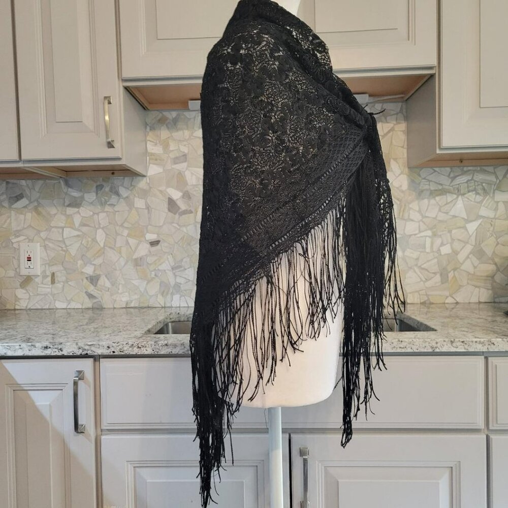 Black Fringe Shawl with sparkles 42x44, Sassy! - Picture 3 of 10